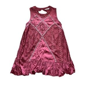 Lela Sky Burgundy Lace Boho Sleeveless Tunic Top Ruffle Hem Keyhole Back Small